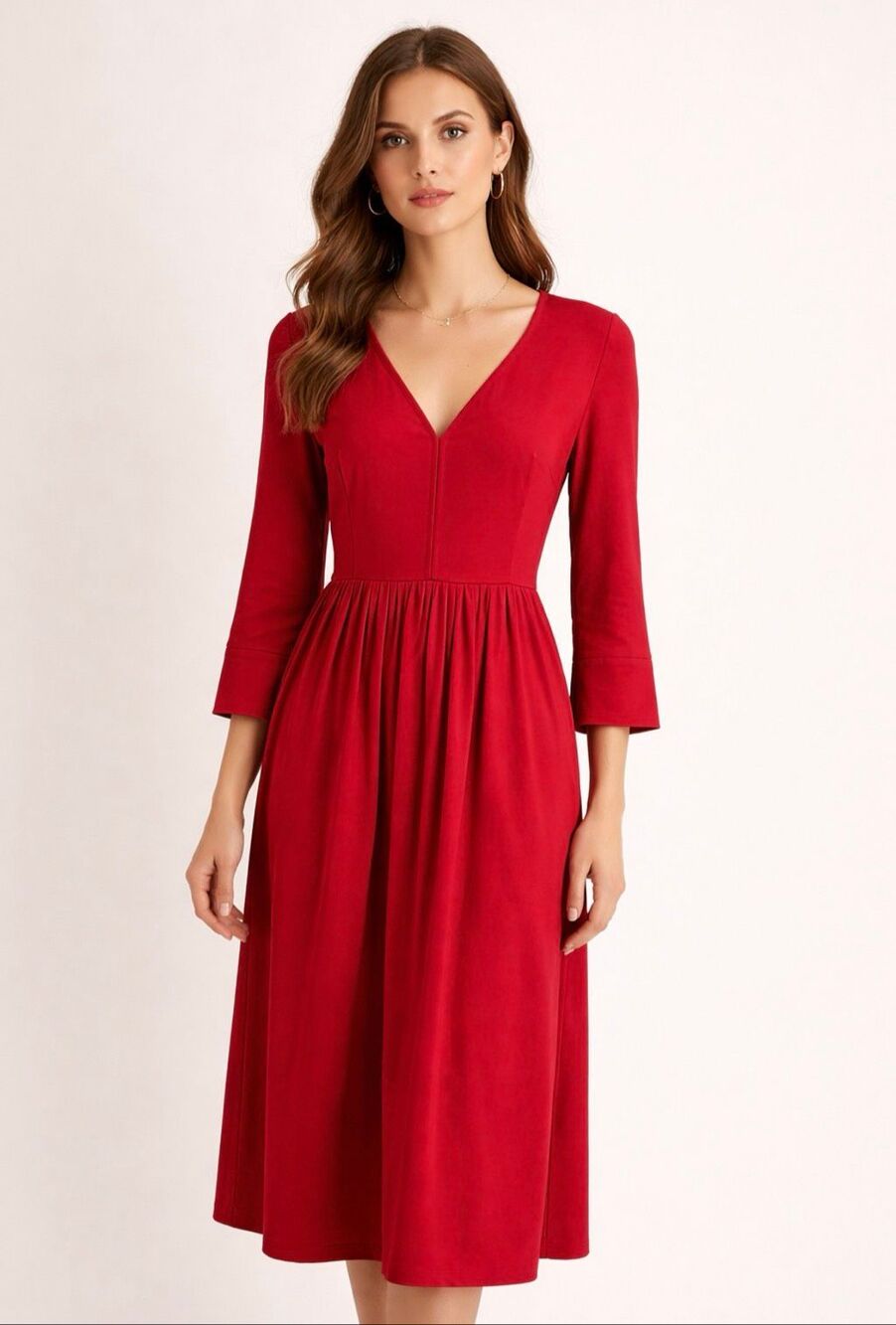 S Max Mara Red V Neck Midi Dress Pleated Waist Long Sleeve Size 10